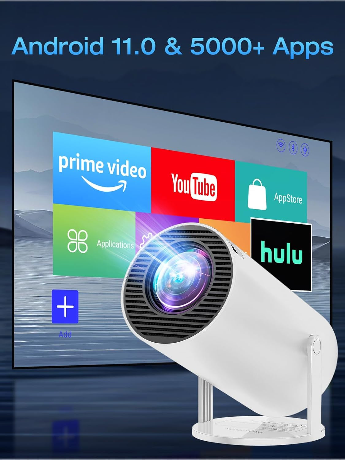 [Built-In Apps & Android 11.0] Mini Projector Portable 20000 Lux Projector 4K Supported 180° Rotation & Auto Keystone, Outdoor Compatible with TV Stick/Windows/Ios/Android/Hdmi/Usb (1080P)